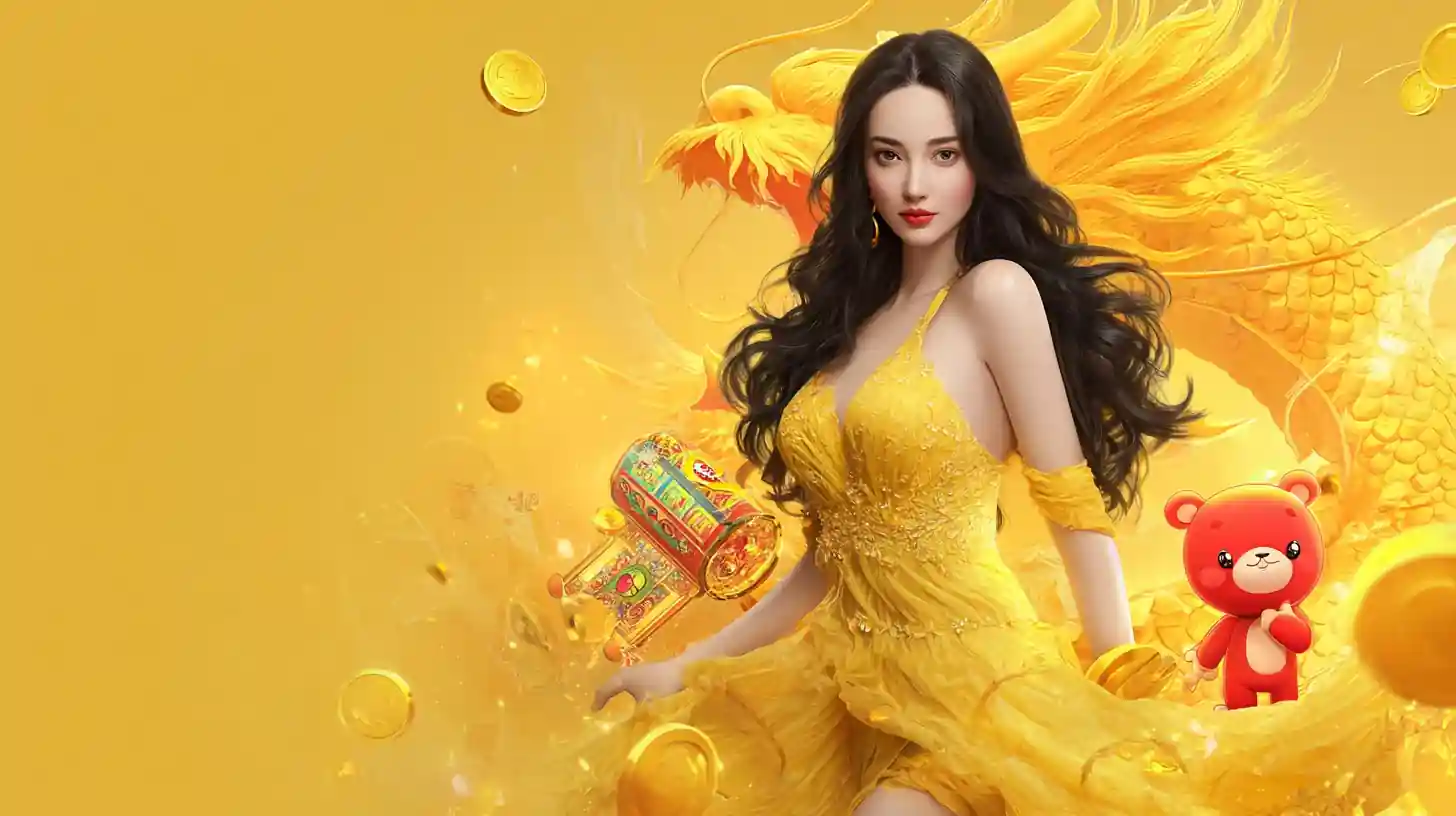 ผู้หญิงสวยสวมชุดเหลืองถือของเล่นหมีแดงกับเหรียญทอง