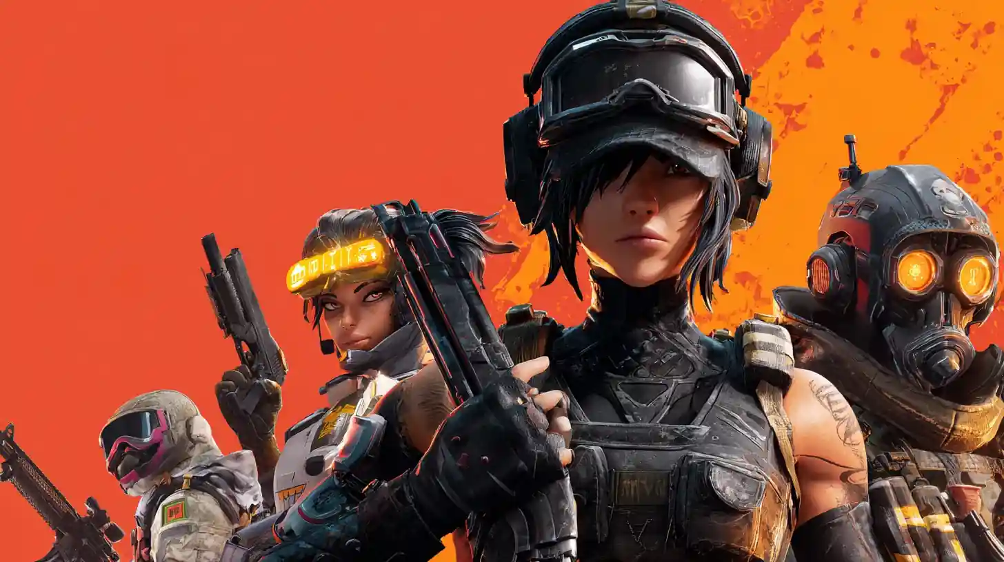 ตัวละครเกมวิดีโอยุคใหม่พร้อมอาวุธบนพื้นหลังสีส้ม