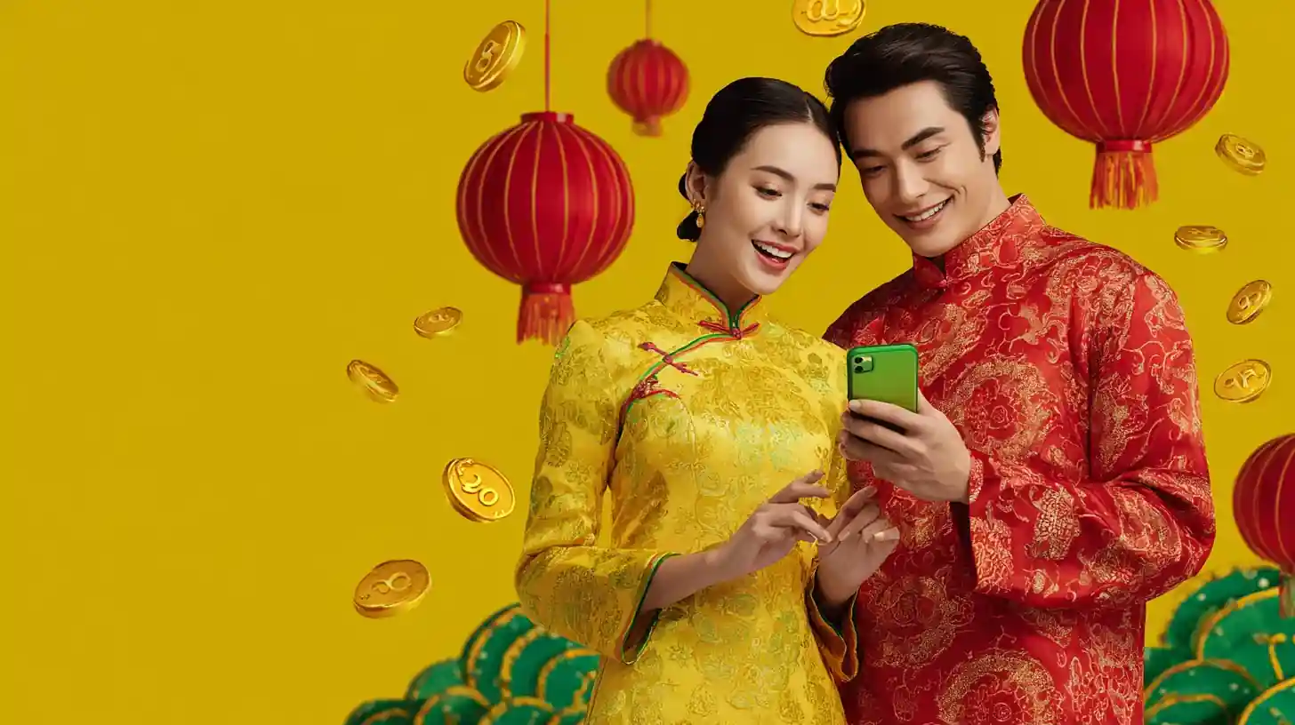 คู่รักในชุดจีนกับโคมไฟแดงและเหรียญทอง