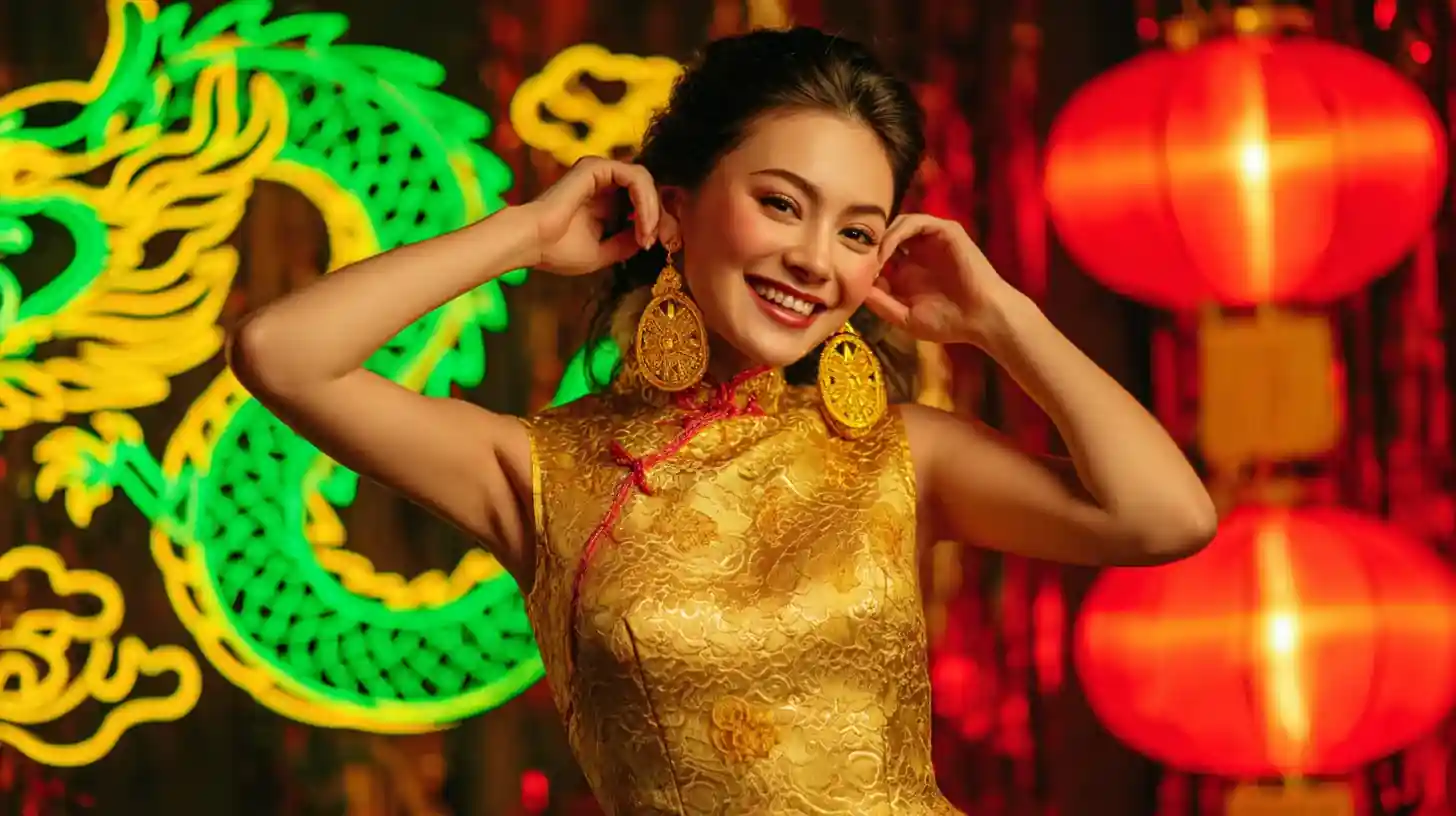 ผู้หญิงสวยสวมต่างหูทองและชุดจีนท่ามกลางโคมไฟแดง