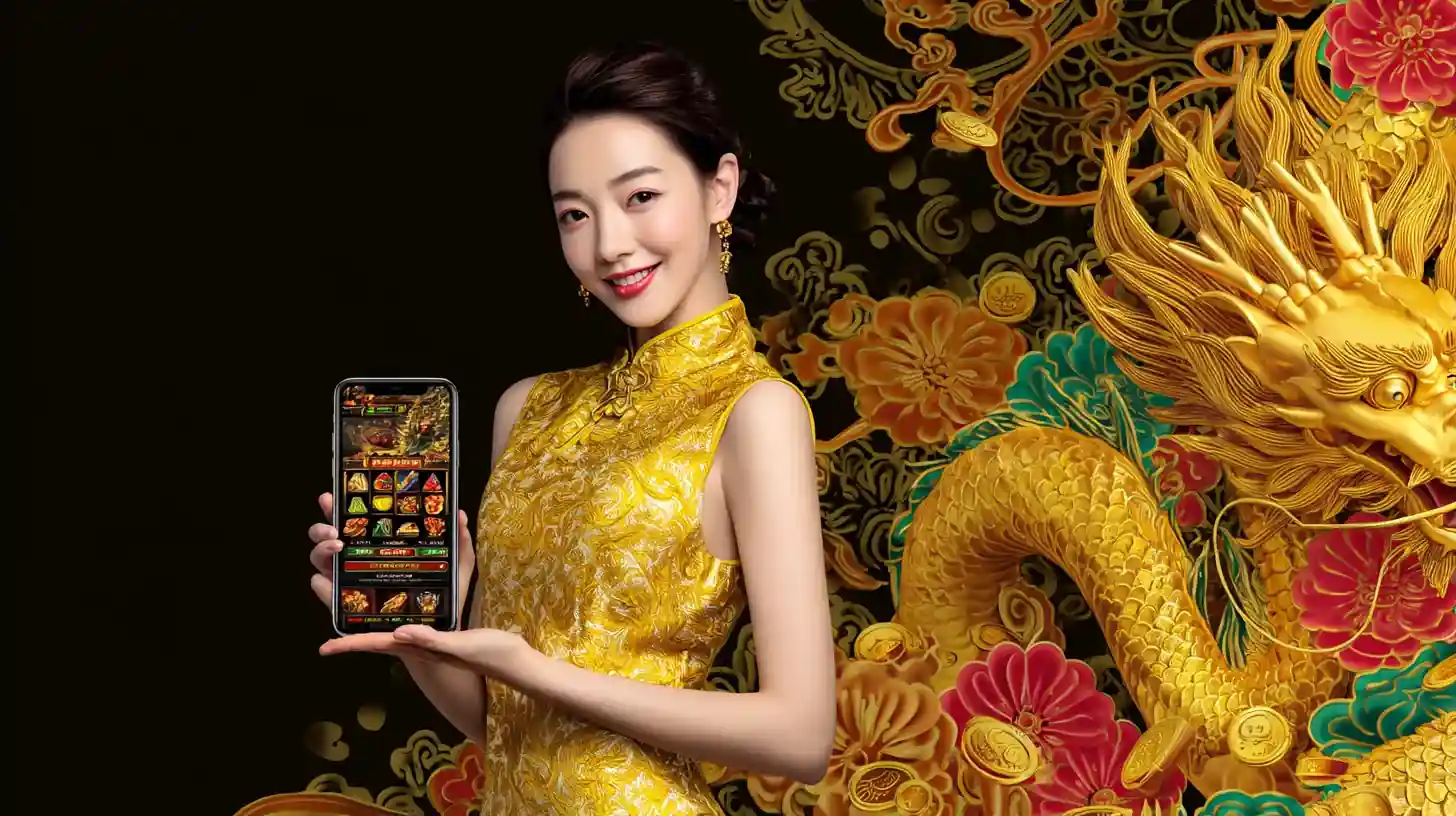 ผู้หญิงสวมชุดจีนถือมือถือเล่นเกมสล็อตออนไลน์