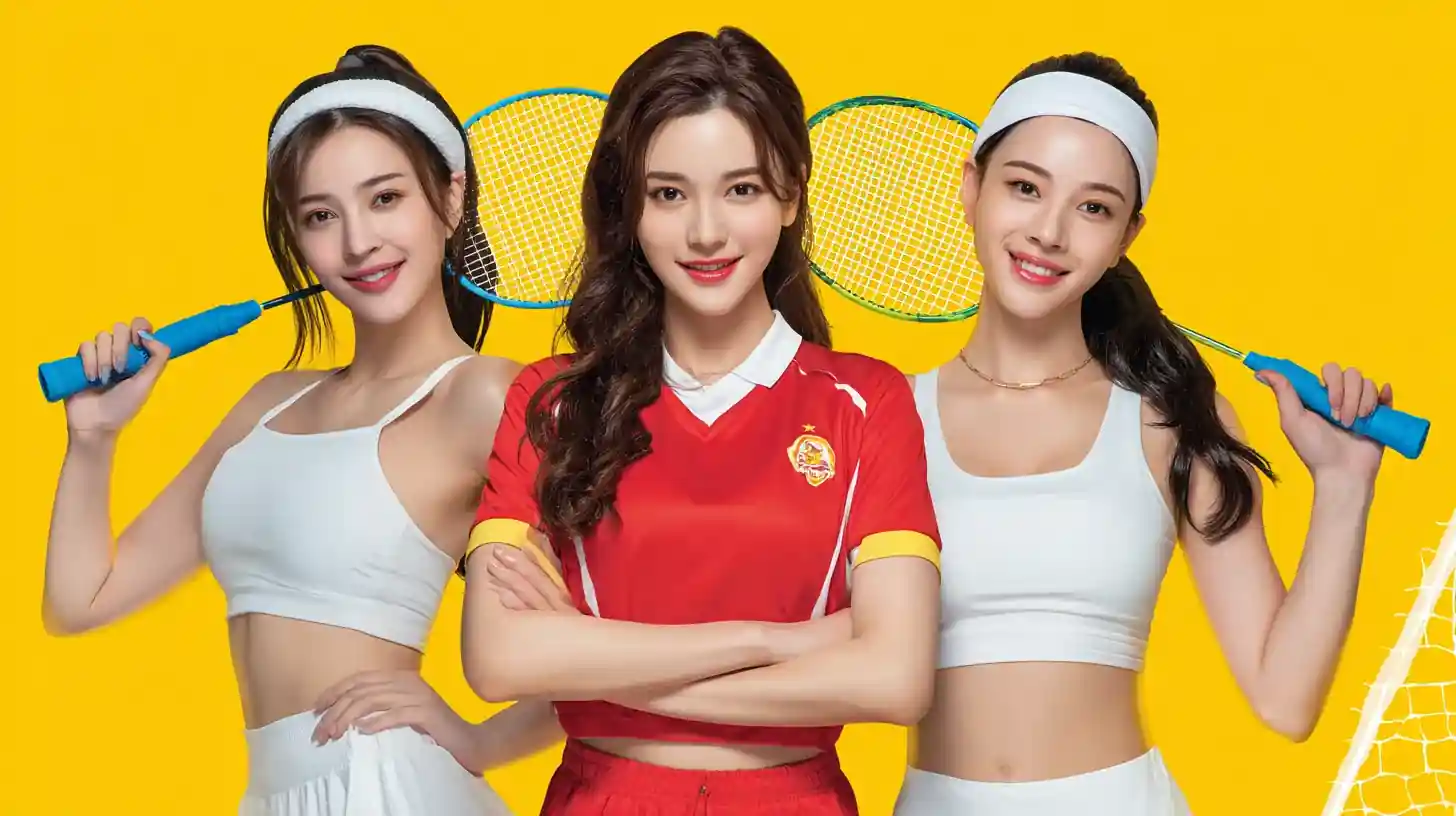 หญิงสาวสามคนในชุดกีฬาแบดมินตันพร้อมไม้แบดมินตัน